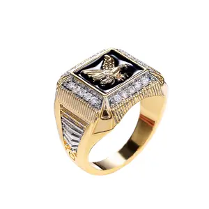 Striped micro inlaid zircon drop glue eagle logo ring, team party ring for men