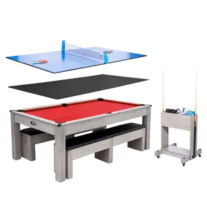 GAOMON Red,7FT 3-in-1 Pool Table with Dining Top & Table Tennis | Billiard Table Set with Accessories (Balls, Cues, Ping Pong) | HDF Wood Grain Finish | Includes Rolling Storage Caddy