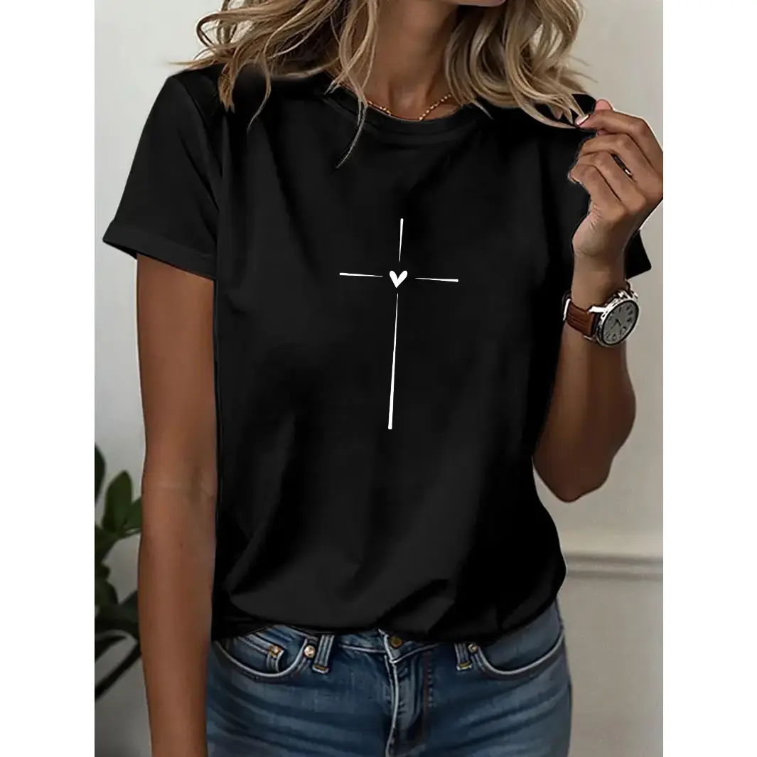 Women's White Basic Short-Sleeve Round Neck Loose Fit Casual Chic Minimalist Cotton Top - High Def Cross Heart Print, Soft Streetwear Summer Shirt, Shortsleeve, High Def Print