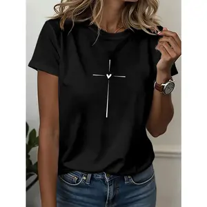 Womens White Graphic Tee Short Sleeve Crewneck Loose Fit Casual Summer Top Minimalist Cross Heart Print Soft Cotton Streetwear Shirt
