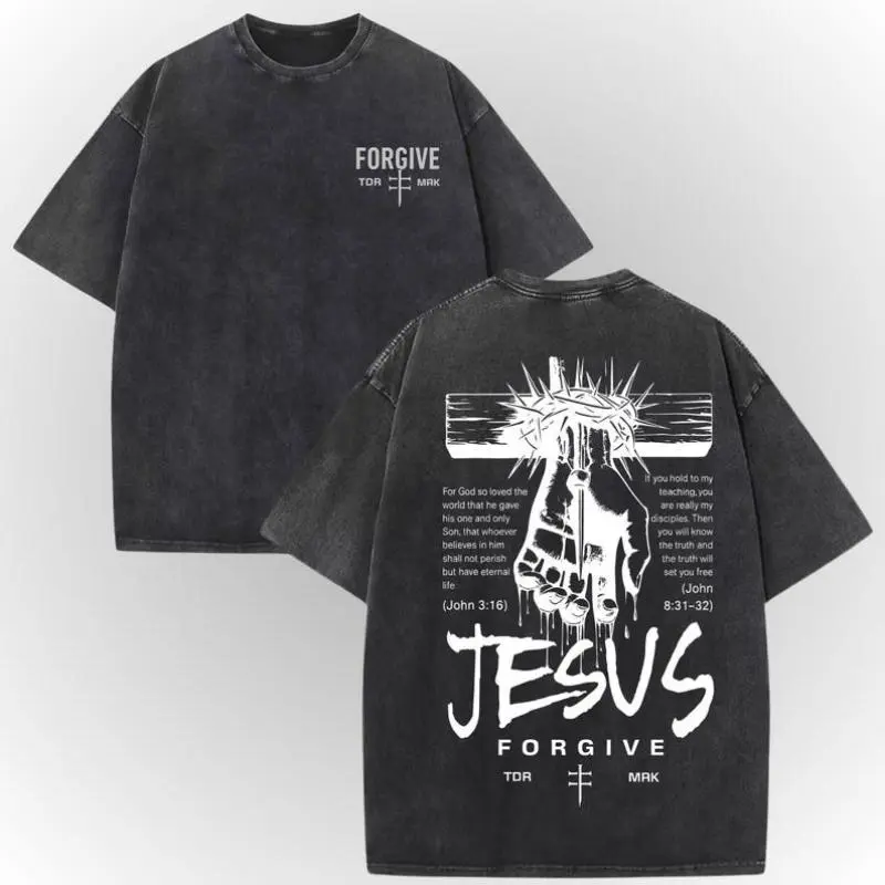 Men's Loose-Fitting Acid Wash Christian T-Shirt, Jesus Forgive Graphic Tee, Vintage Faith Top with Jesus Cross, Religious Streetwear