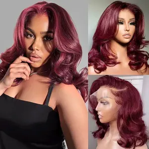 [Bling Hair] 99J Burgundy 16 Inch 13x6 Frontal HD Lace Human Hair Wig Body Wave  Bob Human Hair Wig 13x4 Lace Frontal Wigs Human Hair Pre Plucked Wig For Women Brazilian Hair 180% outdoorfun