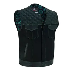 Men’s Denim & Leather Motorcycle Vest – Collarless Green Stitch Biker Vest with Quilted Padding, Multi Pockets & Zipper Snap Closure