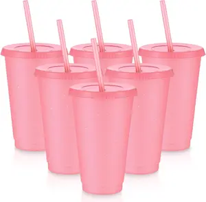 6 count  Tumbler with Lids and Straws Plastic Iced Coffee Tumbler Glitter Travel Mug Cup for Smoothie Juices Birthday Party Cold Drink Coffee Cup Bulk for Adult  Women(16 oz,Pink)