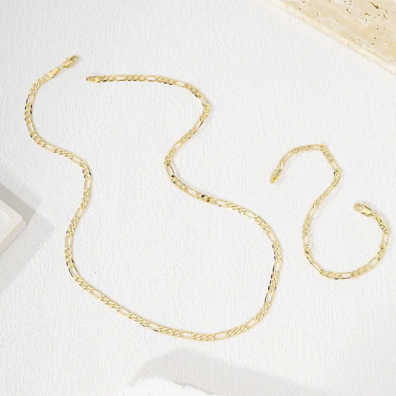 14k Gold Plated Figue Chain Necklace & Bracelet Jewelry Set, 3.6mm Wide, Fashion Simple Design, Unisex Hip-Hop Accessory, Perfect Gift