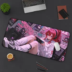 Anime Gamer Girl Desk Mat Cute Red Hair Schoolgirl Mouse Pad Neoprene Office Desk Accessory Kawaii Desk Gift for Gamers