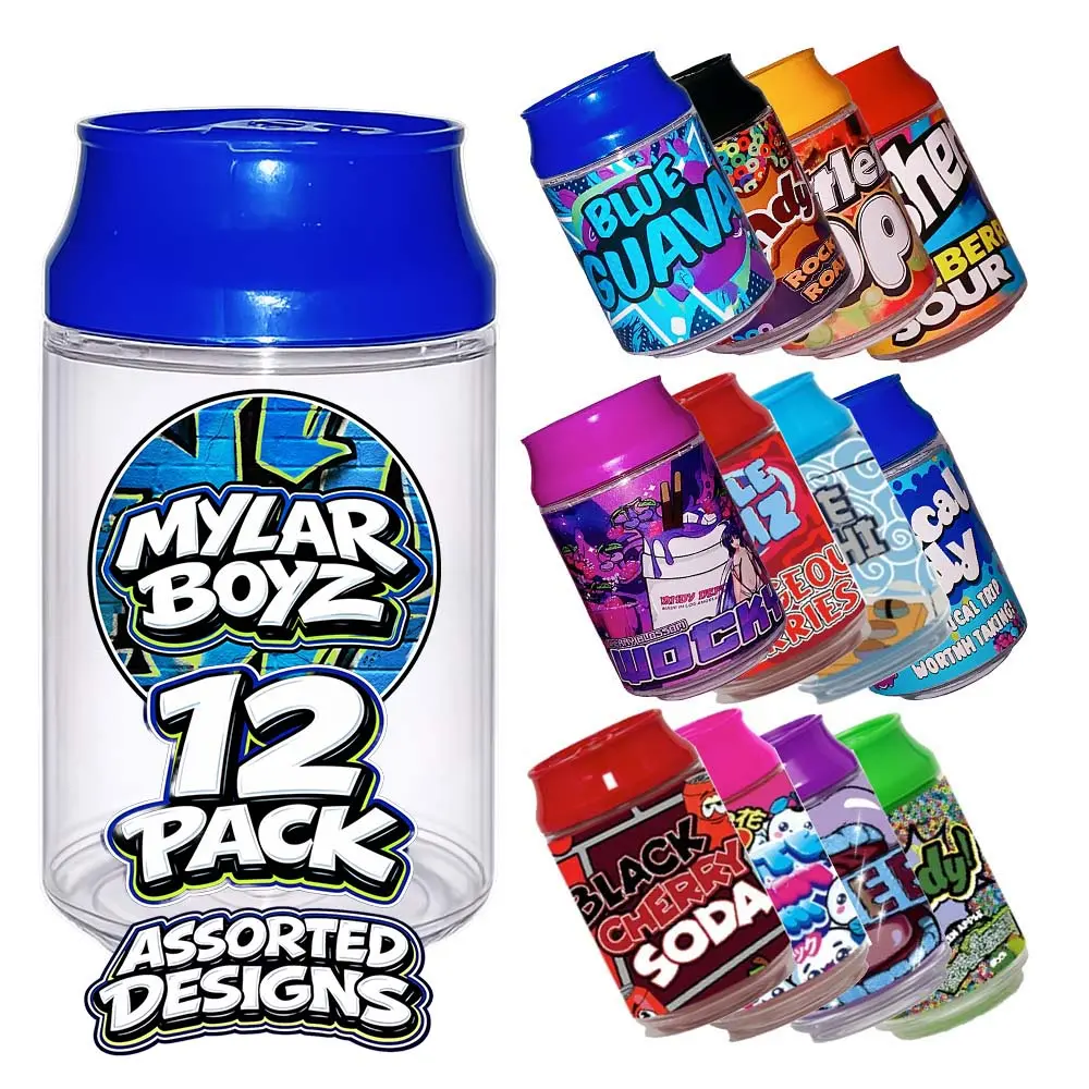 12 Pack Soda Can Style (1.5" x 3") Plastic Packaging Containers with Lids – Assorted Designs