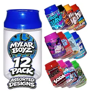 12 Pack Soda Can Style (1.5" x 3") Plastic Packaging Containers with Lids – Assorted Designs
