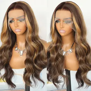 QD-Tizer Blonde and Brown Long Hair Wig Two Tone Colored Body Wave Synthetic Wig HD 13x4 Free Part Lace Front with 180% Density Long Wavy Wig for Women Brown to Blonde Highlights, All Ethnicities Synthetic Lace Front Wig