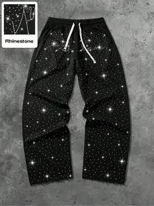 Men's Street Style Straight Leg Sweatpants, Design Sense American Fashion Rhinestone Embroidery, Unisex Casual Fitted Pants for Daily Wear