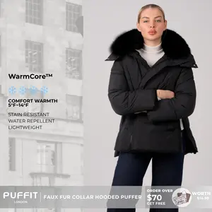 PUFFIT WarmCore Premium Removable Faux Fur Collar Puffer With Detached Hood,Removable Faux Fur Collar,Side Zipper Design,Windproof Sleeves,High-Density, High-Twist Fabric,Detachable Hood, Elegant And Appearance