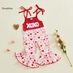 Toddler Girl Valentine's Day Romper Sleeveless Tie-up Strap Heart Pattern Flared Leg Bell Bottoms Valentine's Baby Romper Sleeveless