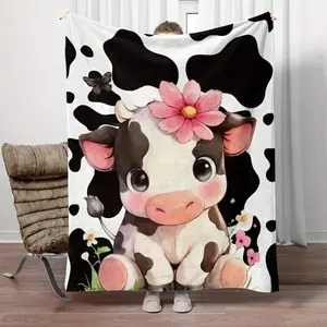 Cute Cartoon and Highland Cow Printed Fleece Blanket - Warm, Lightweight, Breathable, Comfortable, Versatile, All-Season, Machine-Washable Bedding Throw for Home Bedrooms with a Modern Touch,summervibes