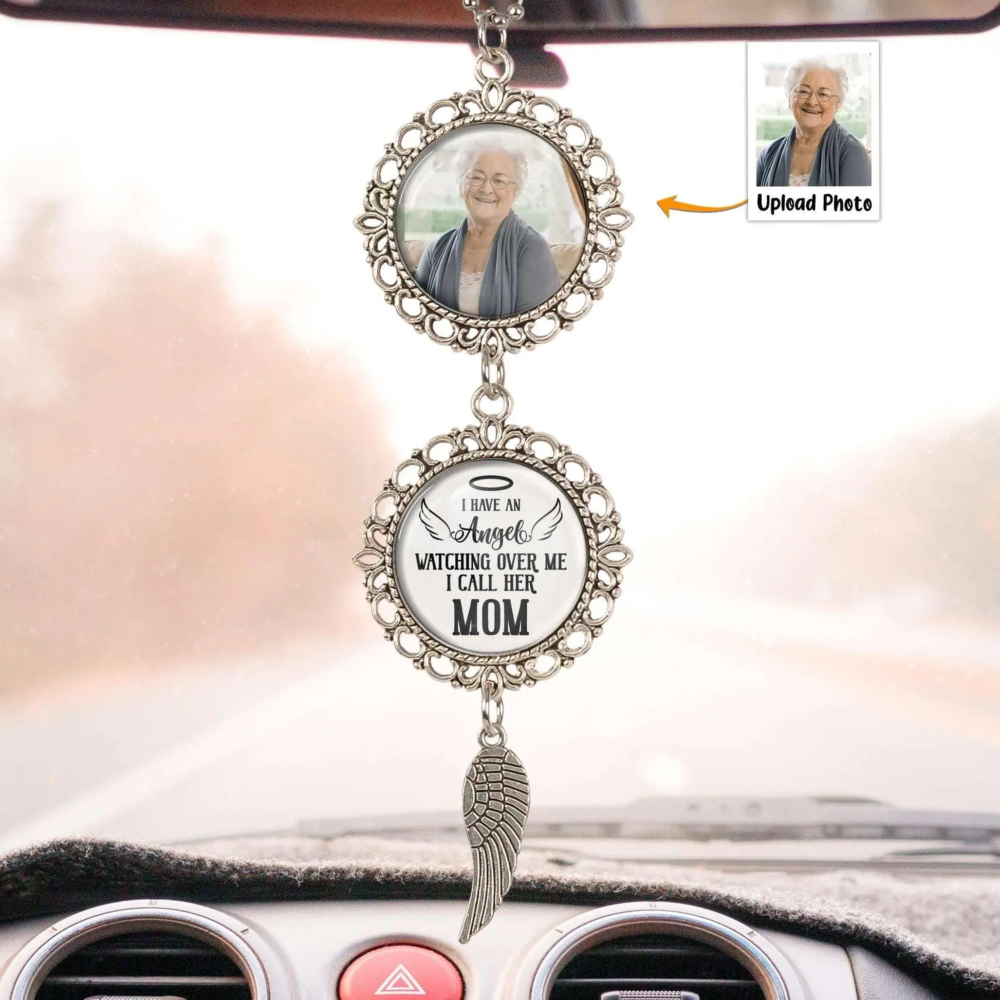 Personalized Car Photo Ornament Window, I Have an Angel Watching Over Me, Custom Photo Car Memorial, Rearview Mirror Accessories, Bereavement Gift Idea Unique Gift For Him Her Car Accessories
