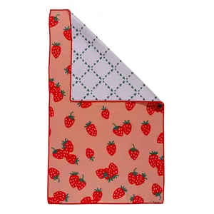 Sweet Summer Absorbent Cleaning Kitchen Towel Microfiber 18x30 350 GSM Double Sided Strawberry Print Waffle Weave Design
