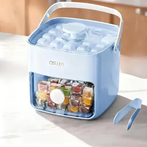 Ice Cube Tray with Lid and Bin, Pack Stackable Ice Tray with Bin and Scoop, BPA-Free Plastic Ice Cube Trays for Freezer with Lid, Chilling Whiskey, Coffee, Cocktail (Blue)