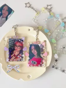 Cute Star and Cloud Korean Pop Music Photo Card Holder Keychain, Sparkling Transparent PC Case with Star Charm, Kawaii Fan Photo Protection Film, Badge Holder