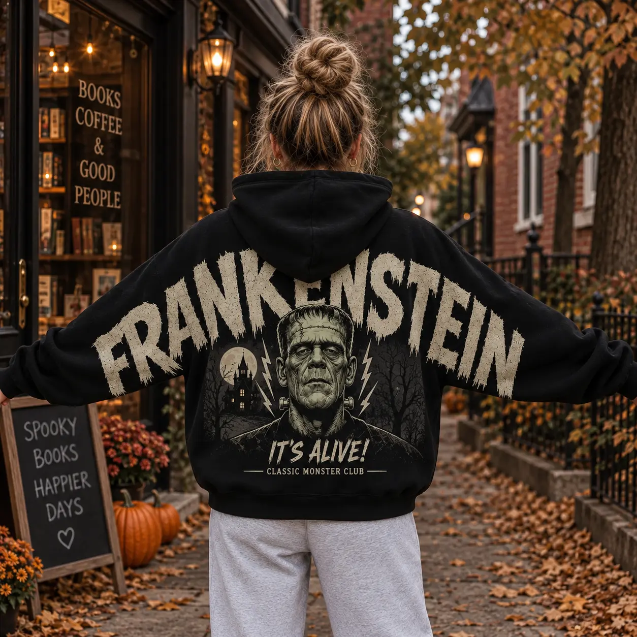 Retro Frankenstein Monster Sweatshirt Hoodie – 90s Inspired Horror Graphic, Vintage Back Print Design, Gothic Halloween Streetwear, Spooky Season Pullover, Unisex Gift