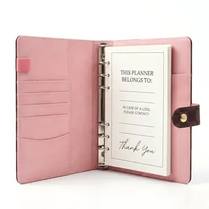 Aesthetic A5 PU Leather 6-Ring Binder Planner Refillable Undated Journal Notebook with 160 Grid Pages for Daily To Do List Cute Pink Desk Accessories Office Organization Student Bullet Journaling Gifts