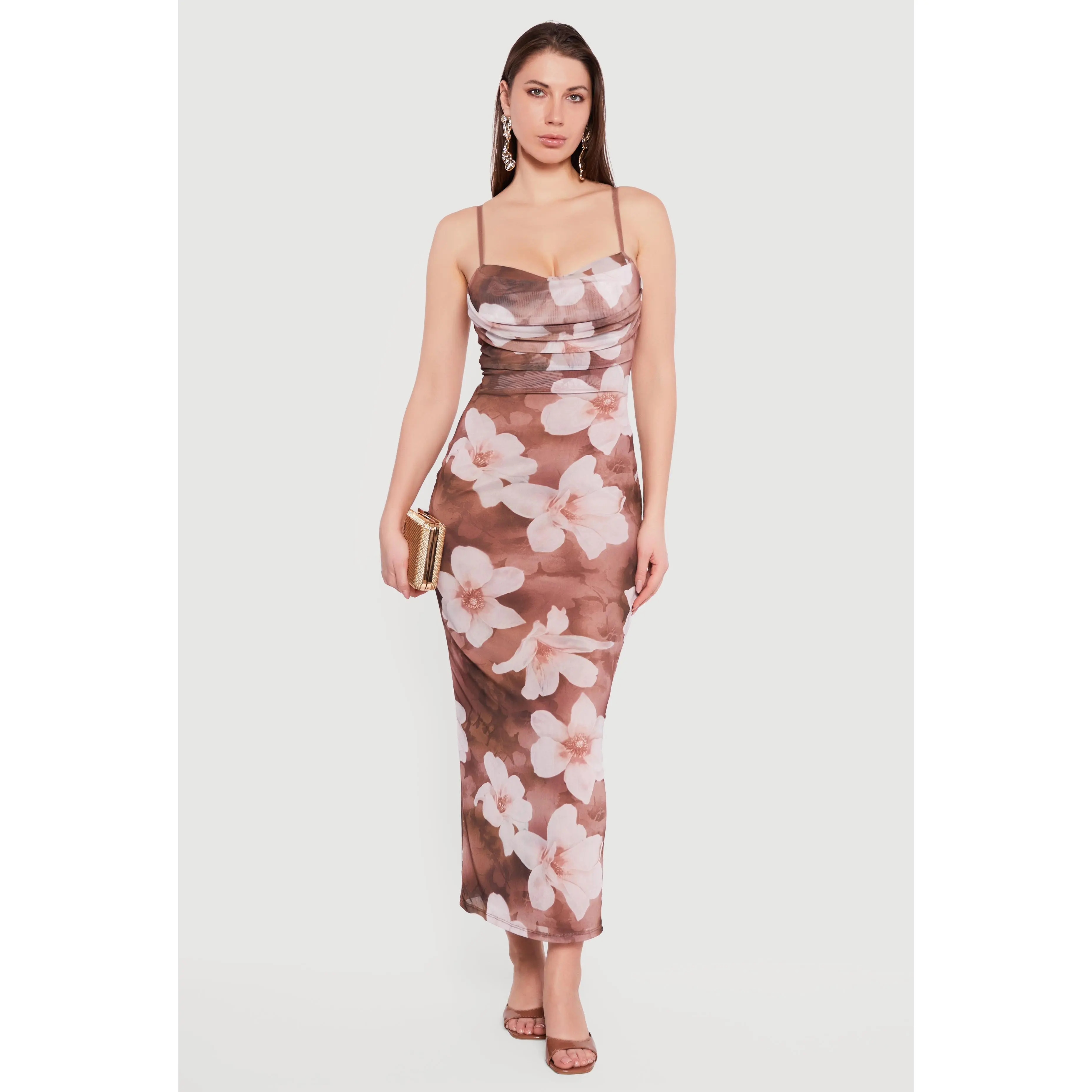 Floral Mesh Overlay Cowl Neck Maxi Dress