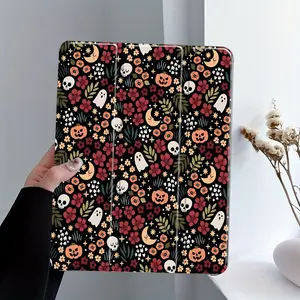 Creative Small Flower Skull Ghost Pumpkin Pattern Four-Corner Shockproof Tablet Case with Pen Slot Foldable,Suitable for iPad Mini, Air, Pro 4,5,6,7(2017,2018,2019,2020,2021,2022,2023,2024,2025 models),and Samsung S6,7,8,9,10FE + A7 LTE tablet cases
