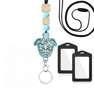 Blue Turtle Teacher Lanyard with ID Keychain, Cute Silicone Beads, Vertical Card Protector, Dual Transparent Key Clip, Office Travel Shopping Party