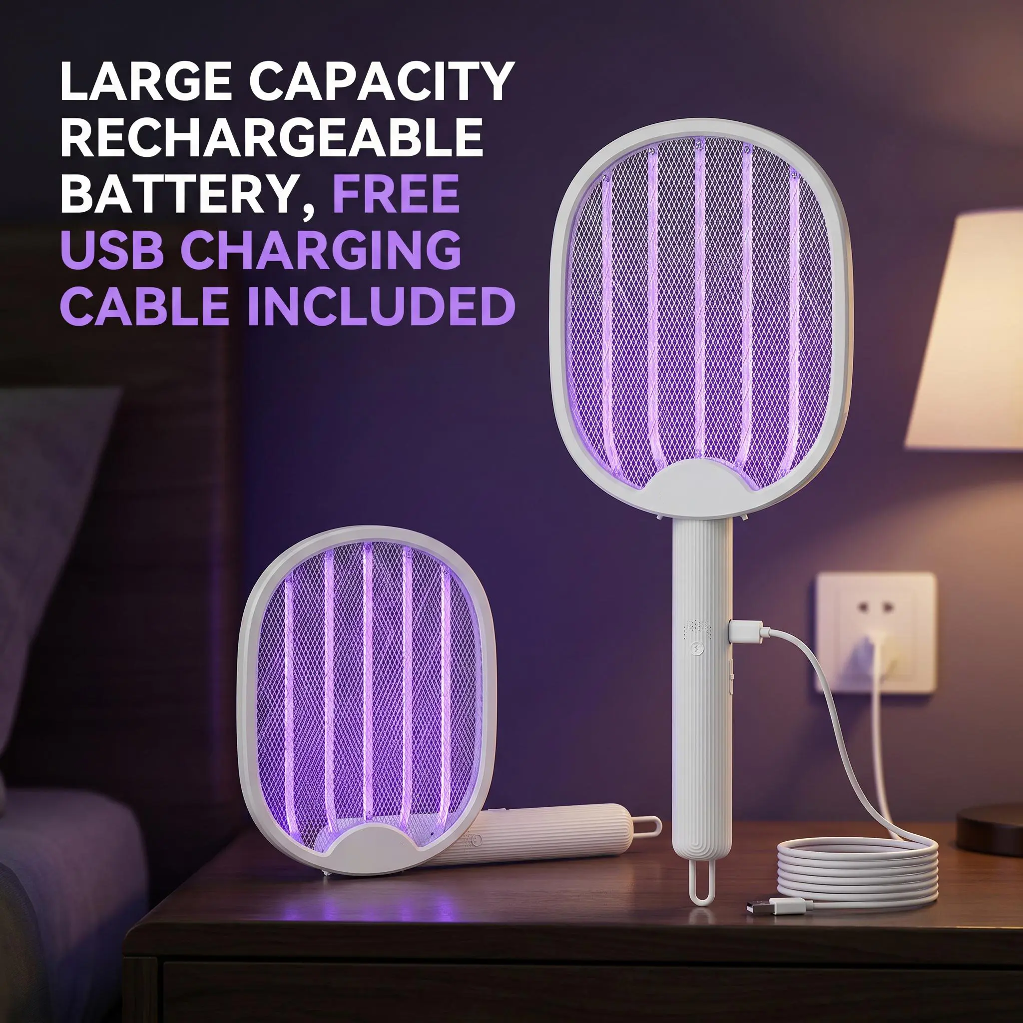 2 in 1 Rechargeable Electric Fly Swatter, USB Charging Bug Zapper Racket with Purple UV Light Auto Mosquito Attraction, 3-Layer Safe Mesh Portable Insect Killer for Home Bedroom Kitchen Indoor Outdoor Pest Control