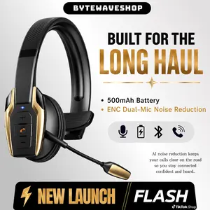 ByteWaveShop Gold Trucker Bluetooth Headset, Wireless Headset with ENC Dual Noise-Canceling Mic, Mute Button, 58H Playtime, 270° Flexible Boom Mic, Bluetooth 6.0 Headset for Truck Drivers, Cell Phones, PC & Meetings