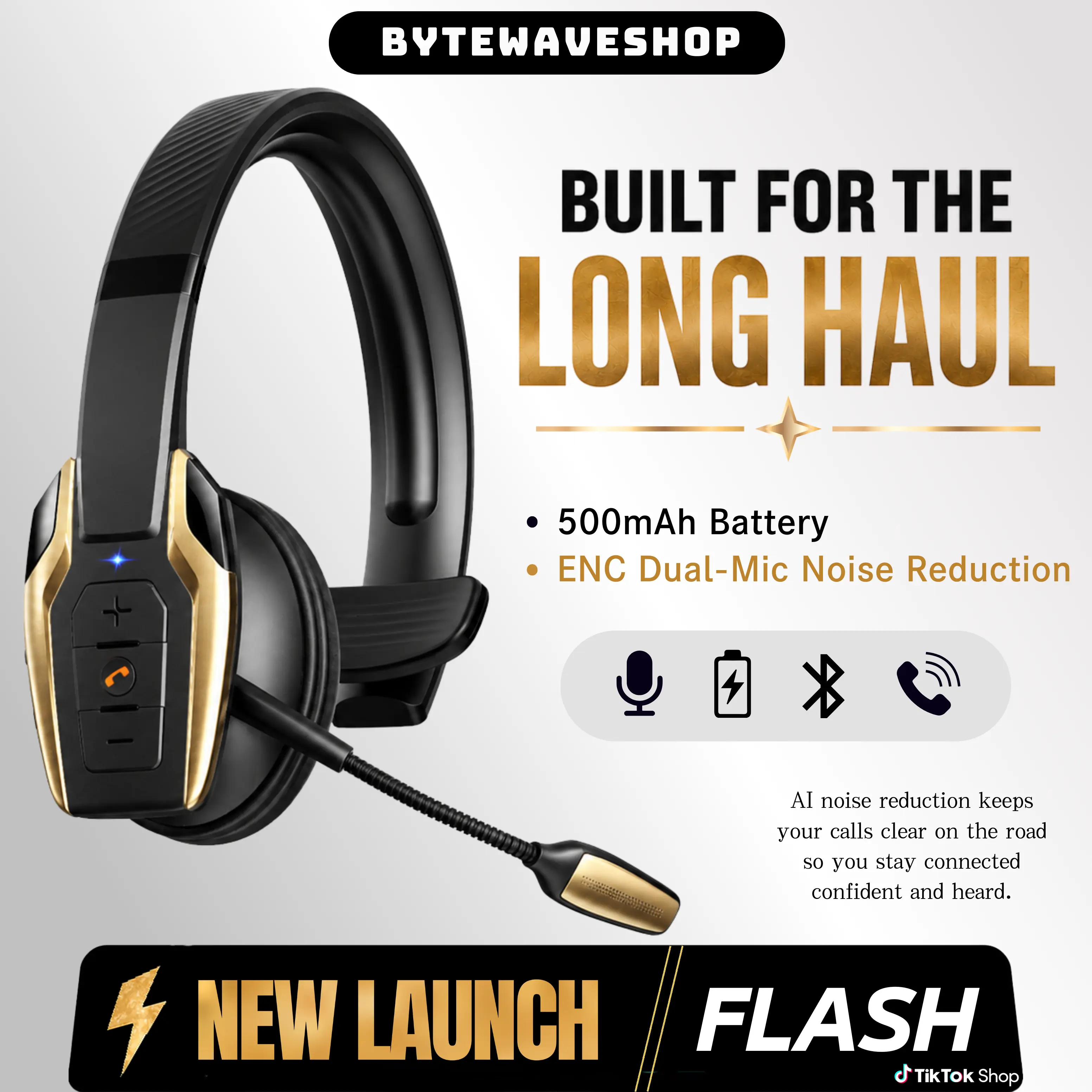ByteWaveShop Gold Trucker Bluetooth Headset, Wireless Headset with ENC Dual Noise-Canceling Mic, Mute Button, 58H Playtime, 270° Flexible Boom Mic, Bluetooth 6.0 Headset for Truck Drivers, Cell Phones, PC & Meetings