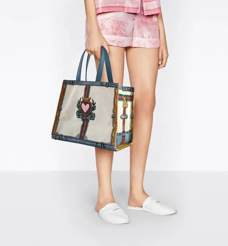 Women's French Classic Print PU Leather Canvas Tote Bag