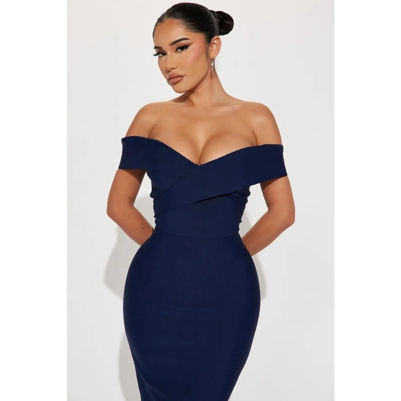 bandage bodycon midi dress Bodycon Collection Women's Cream Bandage Midi Dress, High Neck, Pencil Style, Soft Breathable Fabrics, Polyester and Elastane, XL main image 0