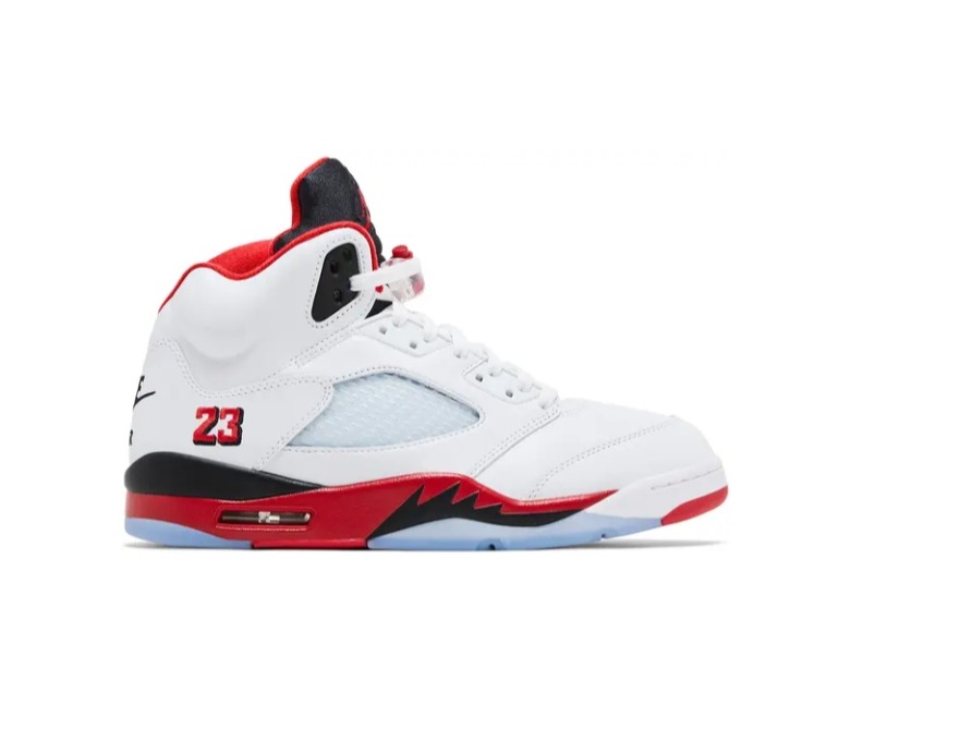 Jordan 5 Retro Fire Red Black Tongue 2025 White Sneakers with Red 23 Logo and Black Swoosh Design HQ7978-101