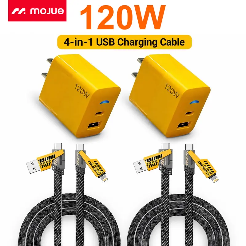 4-in-1 USB Charging Cable 5FT - 120W Fast Charge USB-A to USB-C & USB-C to USB-C, Nylon Braided, Multi-Interface for iPhone 15/16/17/18, Samsung Galaxy, Android Phones & iPad Pro, Overheat Protect