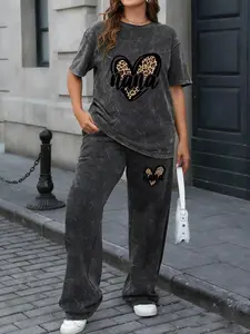 Spring & Summer Plus Size Sports Two-Piece Set with Patchwork Print, Tie-Dye Washed Vintage Short Sleeve T-Shirt and Wide-Leg Pants, Plus Size Women's Jogging Outfit