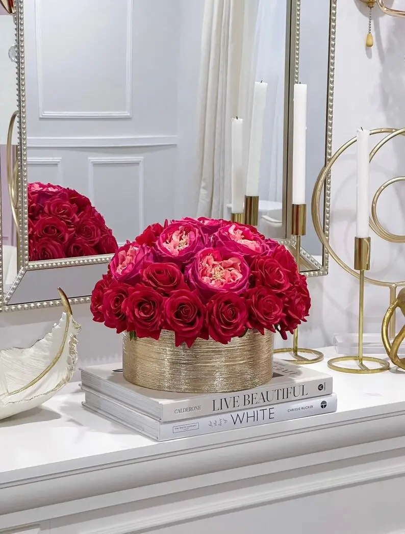 Modern Romantic Real Touch Rose Centerpiece in Ceramic Gold Vase