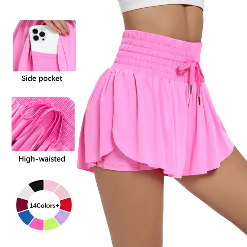 Women's 2 in 1 High Waist Flowy Athletic Shorts, Built-in Liner with Pockets, Drawstring Shirred Workout Shorts for Yoga Running Fitness Everyday Active Support