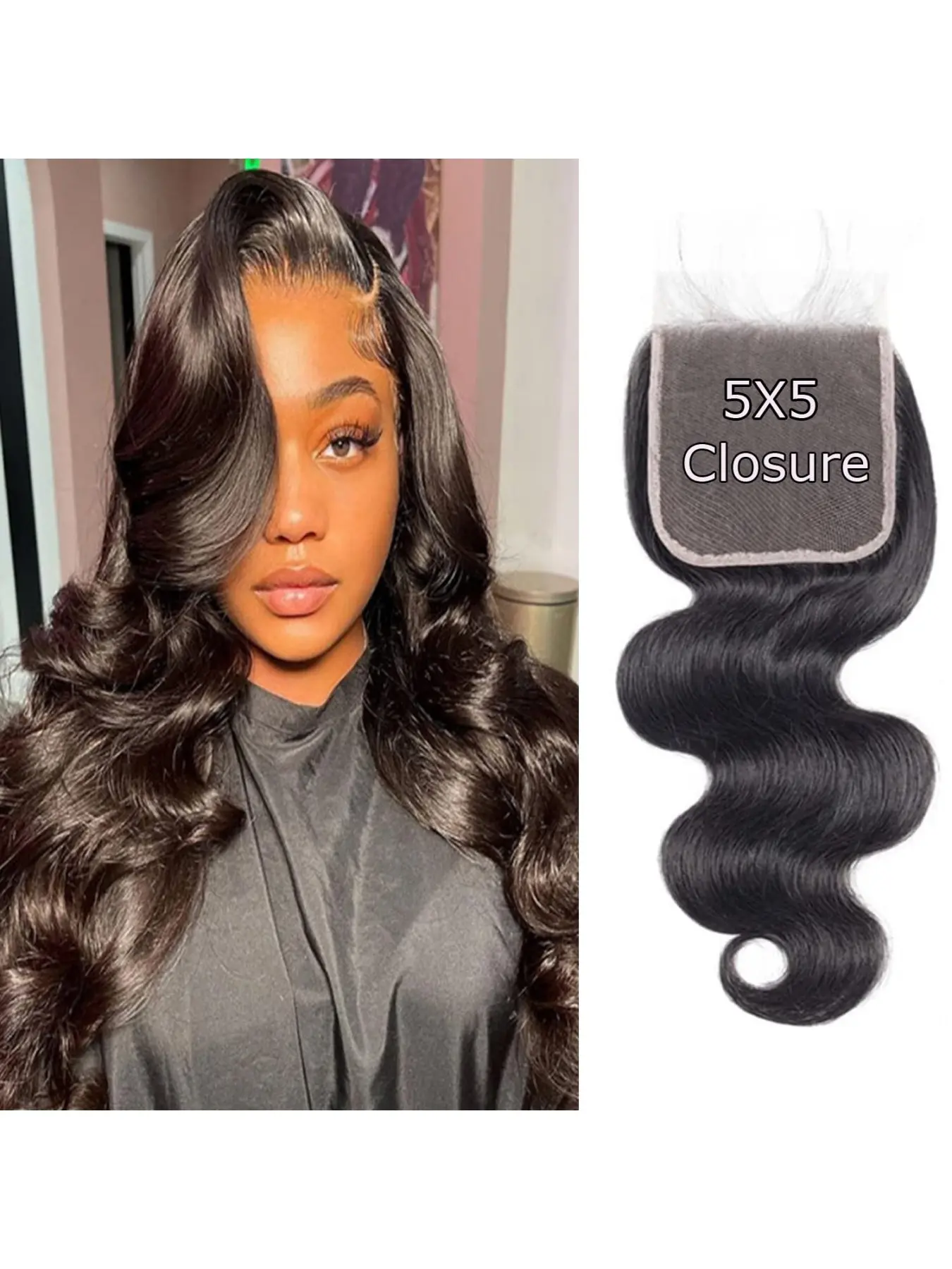 HD Body Wave Closure 5x5 Transparent Lace Frontal, Brazilian Virgin Remy Human Hair, Pre-Plucked with Baby Hair, Natural