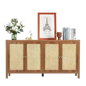 Giratree Sideboard Buffer Cabinet,Accent Storage Cabinet with 4 Rattan Doors, Modern Cupboard Console Table with Adjustable Shelves for Kitchen, Living Room, Hallway, Entryway