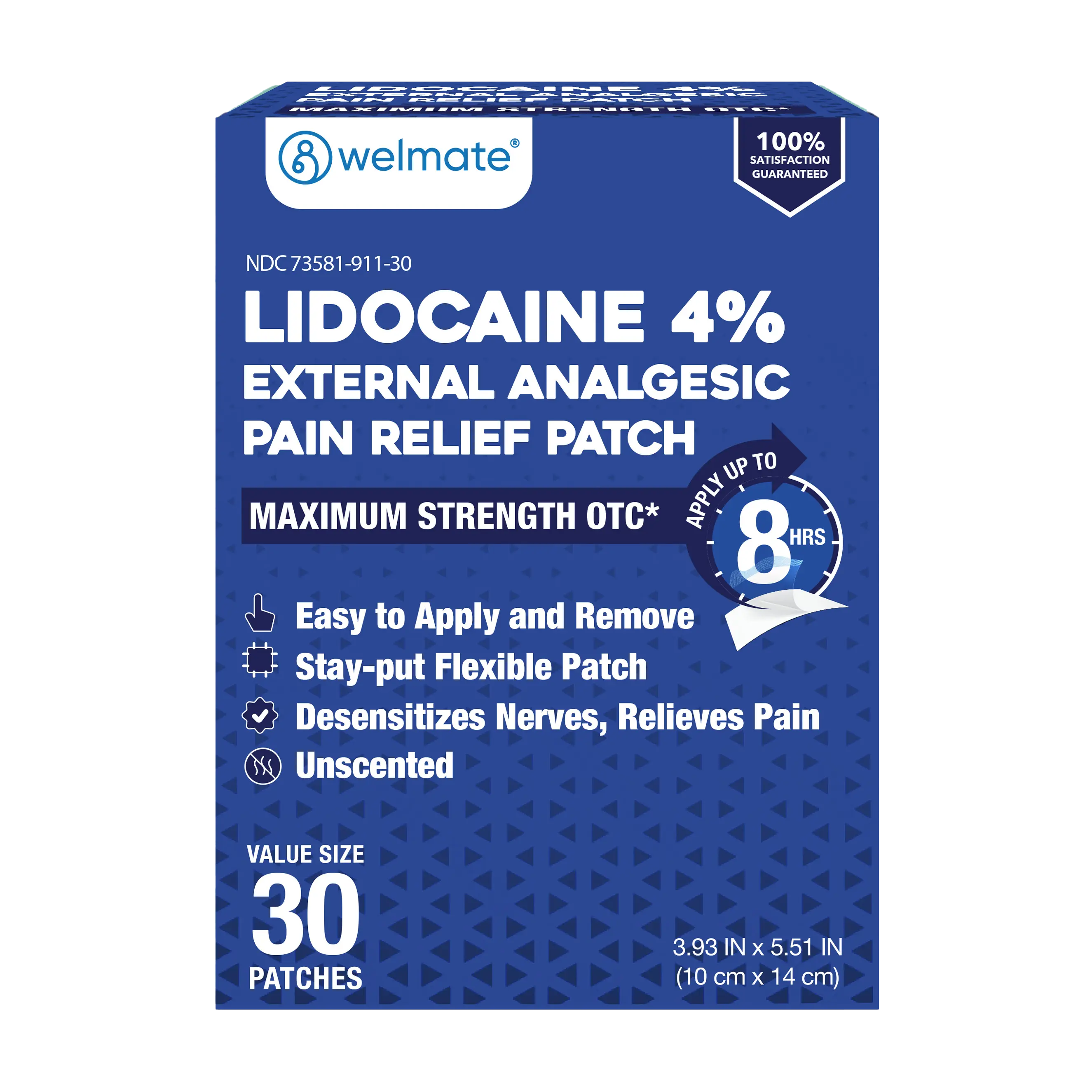WELMATE 4% Lidocaine Pain Relief Patches, 30 Patches - Maximum Strength Odor Free Numbing Patch for Back, Neck, Shoulder and Knee