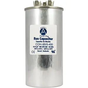 Appli Parts Dual Run Capacitor for ac 65+5 Mfd uF (microfarads) 370VAC or 450VAC CBB65 Round Universal fit for hvac and other applications 5-1/8 in High 2-1/4 in Wide CON-65/5-450