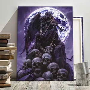 1Count Halloween Framed Canvas, Winged Skeleton Musician, Skull Pile, Full Moon, Gothic Dark Art, Exquisite Poster, Christmas Decoration Poster, Living Room, Bedroom, High Definition Home Poster,  Ideal Gift, Waterproof,  Art