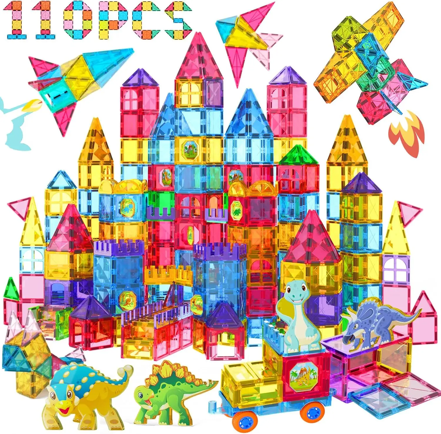 Jasonwell Magnetic Tiles Building Blocks Set for Boys Girls Preschool Educational Magnet Construction Kit Stacking STEM Toys Christmas Birthday Gifts