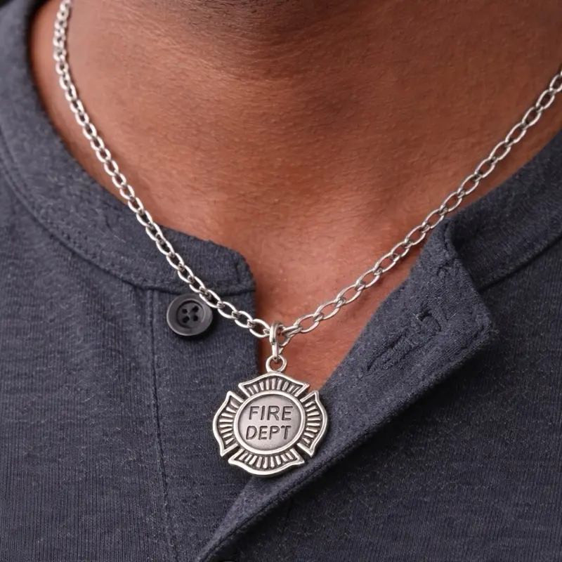 Firefighter Gift Charm Necklace with Silver Chain and Fire Dept Emblem for Heroes
