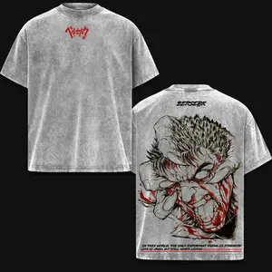 Guts Berserk Anime Double Printed Vintage Washed Heavyweight Cotton Unisex Oversize Crewneck Short-Sleeve T-Shirt, Menswear Streetwear Casual Top