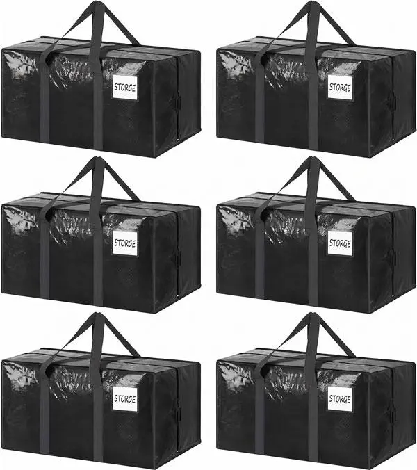 6-Pack Extra Heavy Duty Large Multi-Purpose Waterproof Storage Bags, Sturdy Organiser Containers with Strong Zippers & Handle Attachments, Packing Totes for College Supplies (Black)