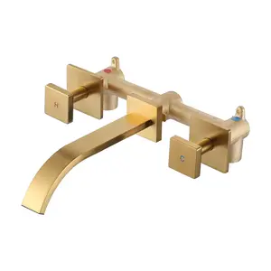 WOWOW Waterfall Double Handle Wall Mounted Bathroom Faucet with Rough in Valve and Knob Handle in Brushed Gold