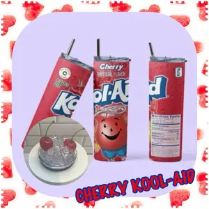 Cherry Kool-Aid Pre Custom Made 20oz Skinny Tumbler with Customized Lid Caffeine Free Artificial Flavor