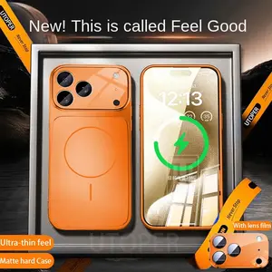 Official Orange Magsafe Magnetic Glass Phone Case for iPhone 17 Air 16 15 14 13 Pro Max Hard Shockproof Protect Matte Cover Protection Protective