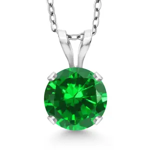 Gem Stone King 14K White Gold Green Created Emerald Pendant Necklace for Women | 1.00 Cttw | Gemstone May Birthstone | Round 6MM | With 18 Inch Silver Chain
