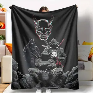Japanese Samurai Flannel Blanket Glitch Oni Mask and Ronin Warrior Graphic Prints Soft Cozy Lightweight Bedding Throw Perfect for Living Room Couch Sofa Nap Travel Office Birthday Gifts